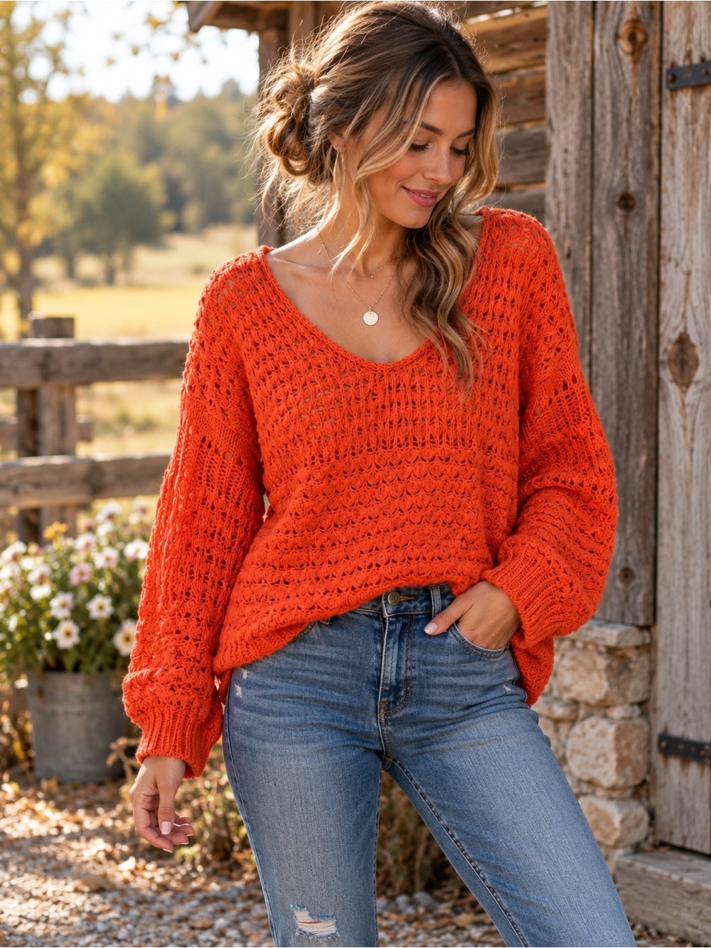 Free People Open-Knit V-Neck Chunky Sweater in Bright Orange